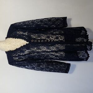 Beautiful U Women L Navy Blue Crochet Lace Scalloped Hem Button Front Cardigan
